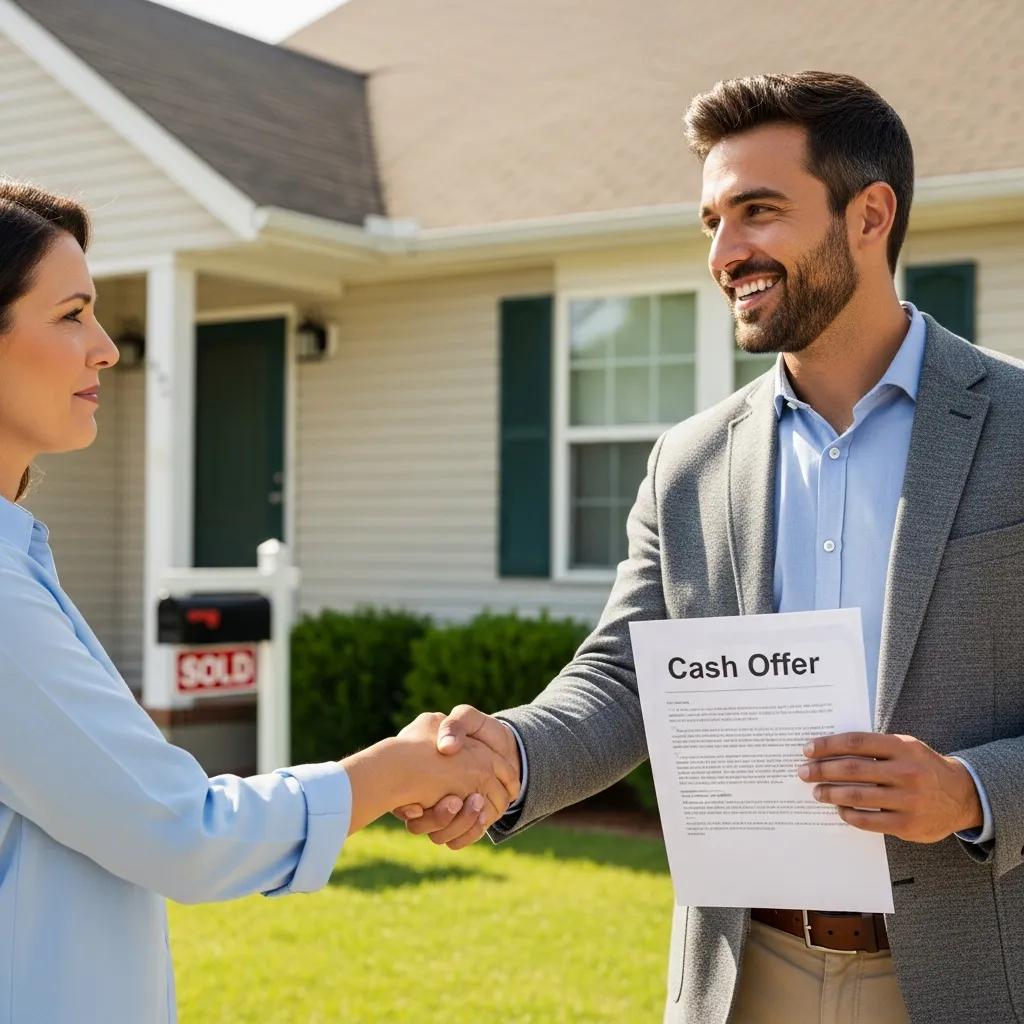 Cash home buyer shaking hands with a homeowner, symbolizing quick sales Cash home buyer shaking hands with a homeowner, symbolizing quick sales