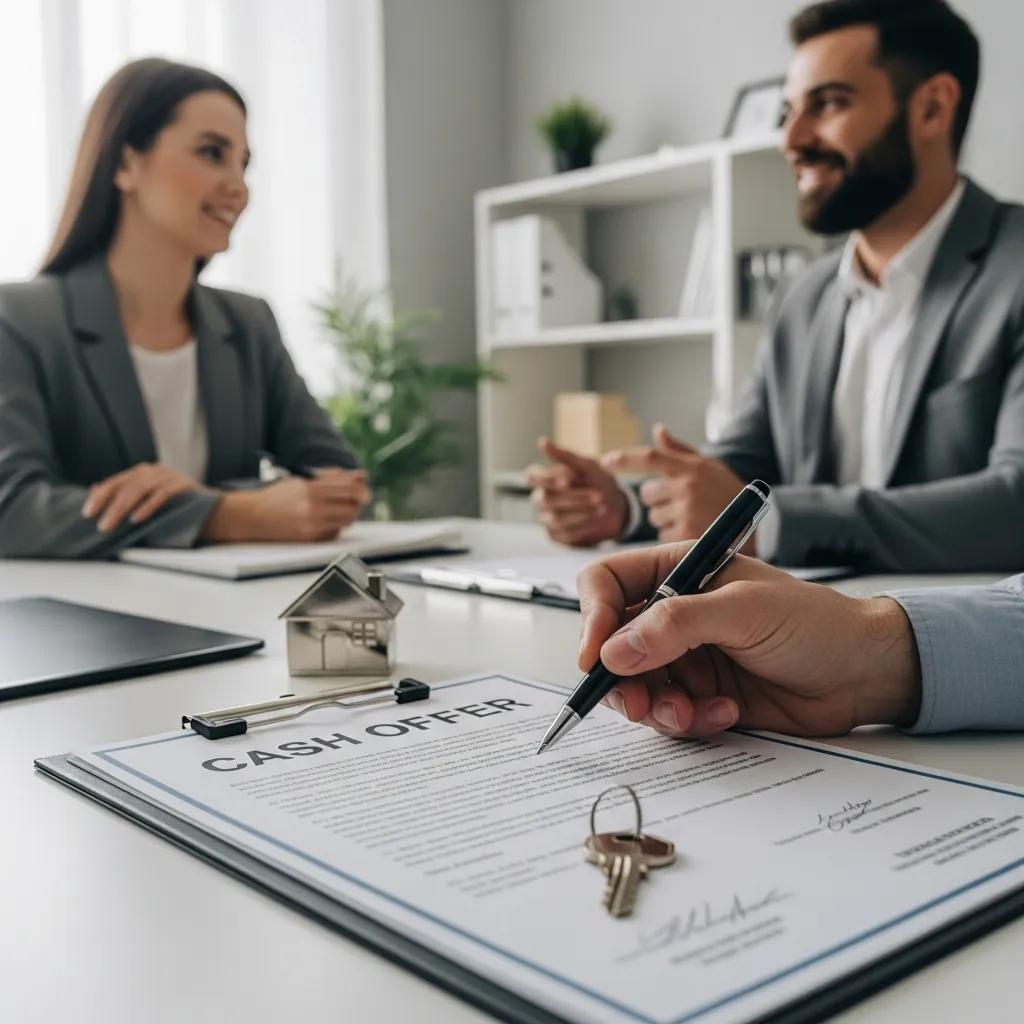 Homeowner and agent discussing a cash offer in a streamlined closing process