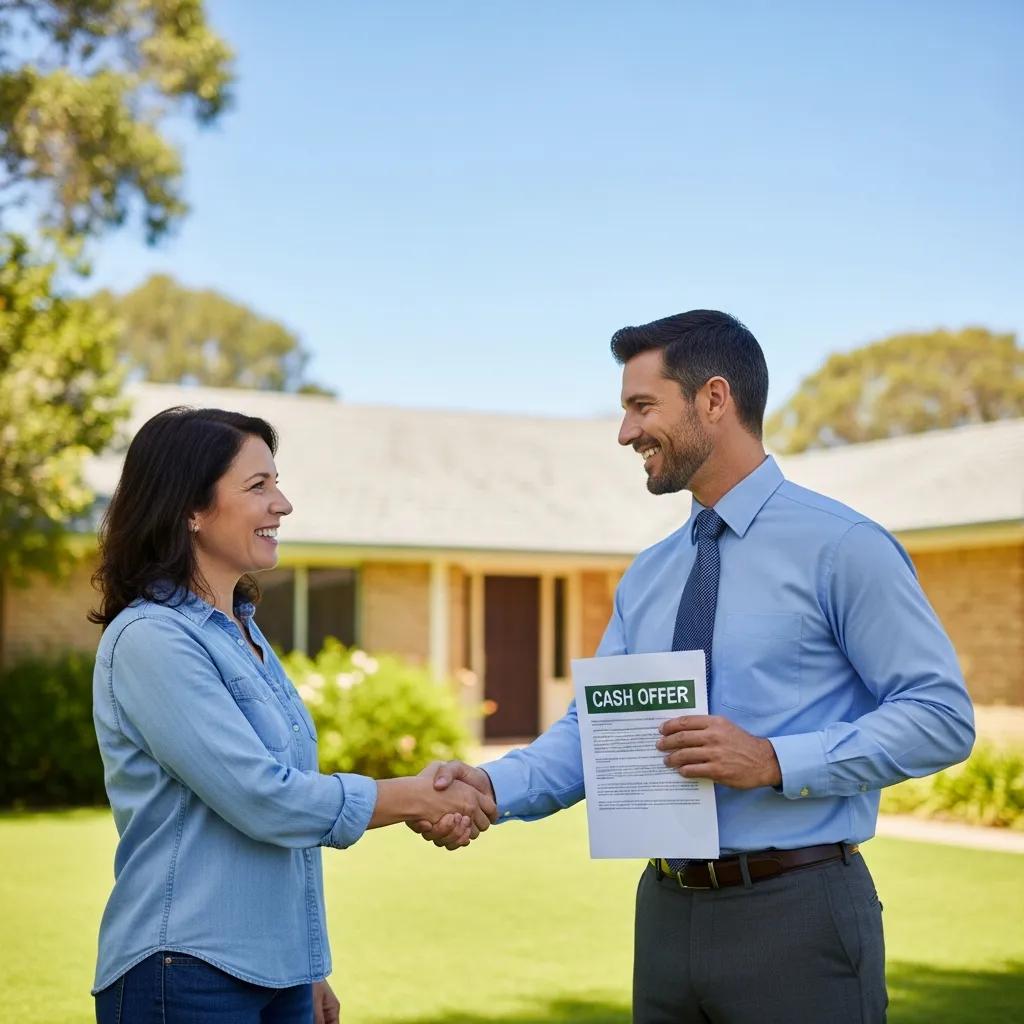 Homeowner shaking hands with a cash home buyer in front of a house