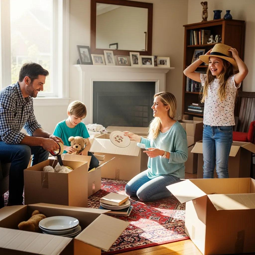 Family packing in a home, highlighting the benefits of selling without repairs