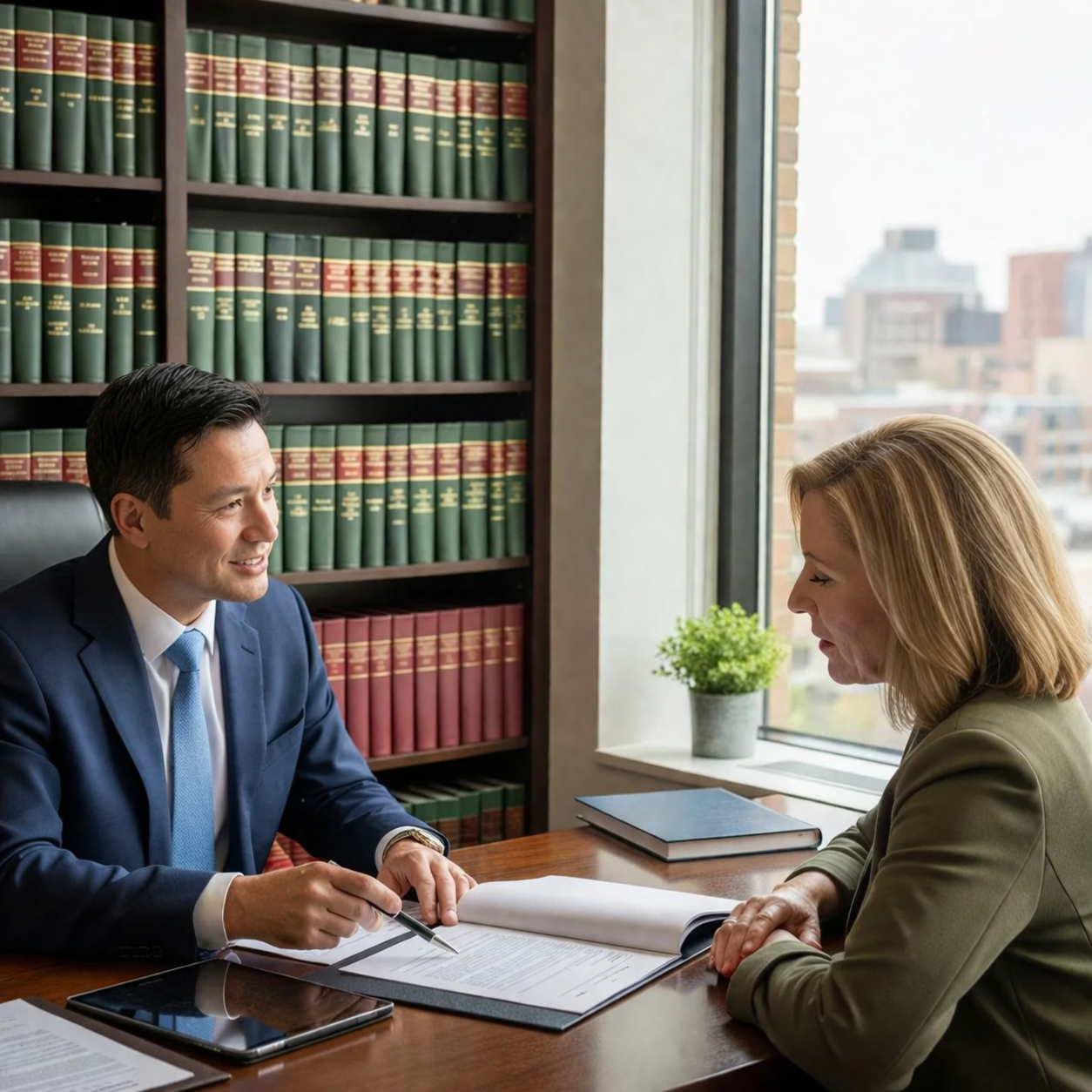 Homeowner consulting with lawyer about legal considerations in selling rental property