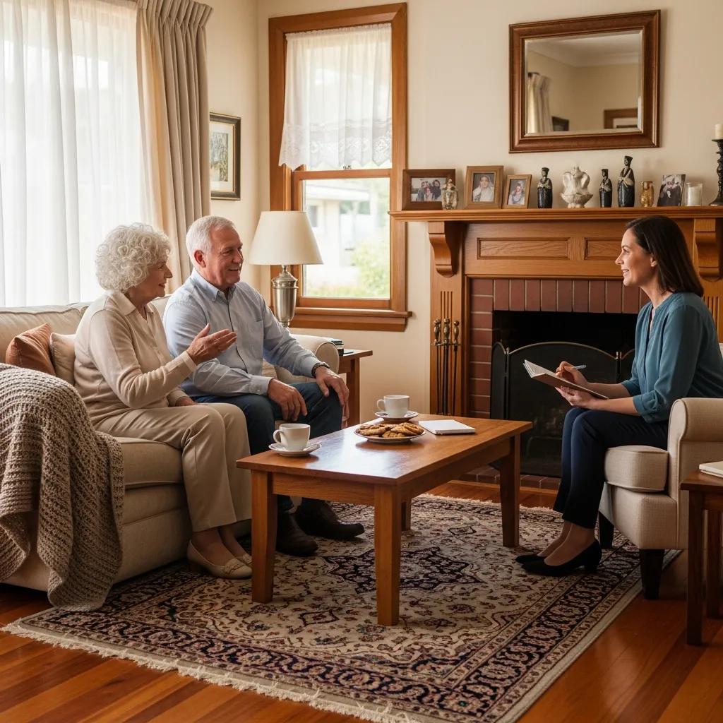 Senior couple consulting with a professional about fast home sales, highlighting special services